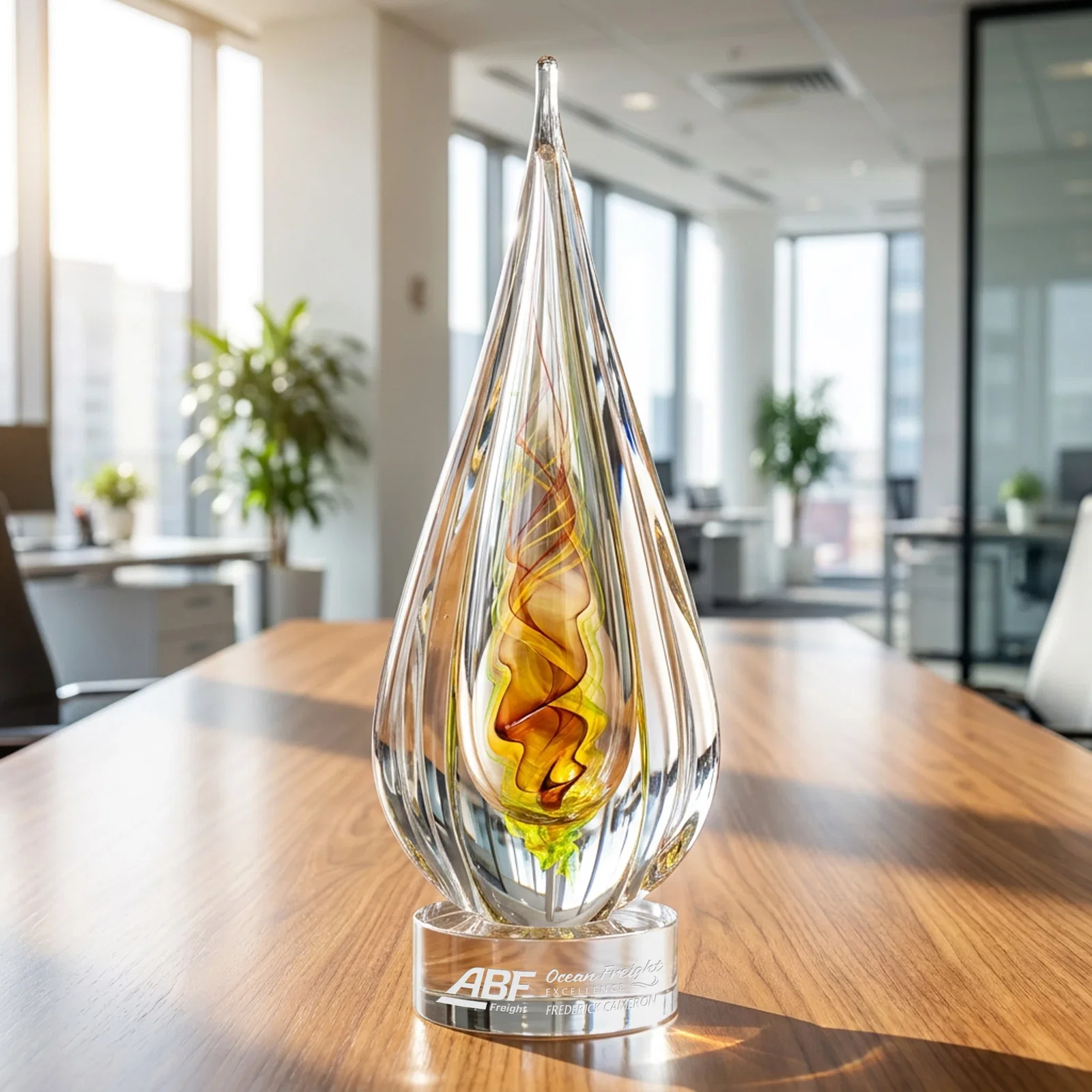 Custom Color Ribbon Art Glass Teardrop Award - Carterra for team milestone celebrations