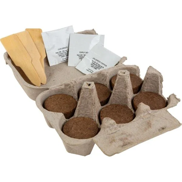 Carton Garden kit contents: 3 seed packs, 6 soil pods, wooden seed stakes