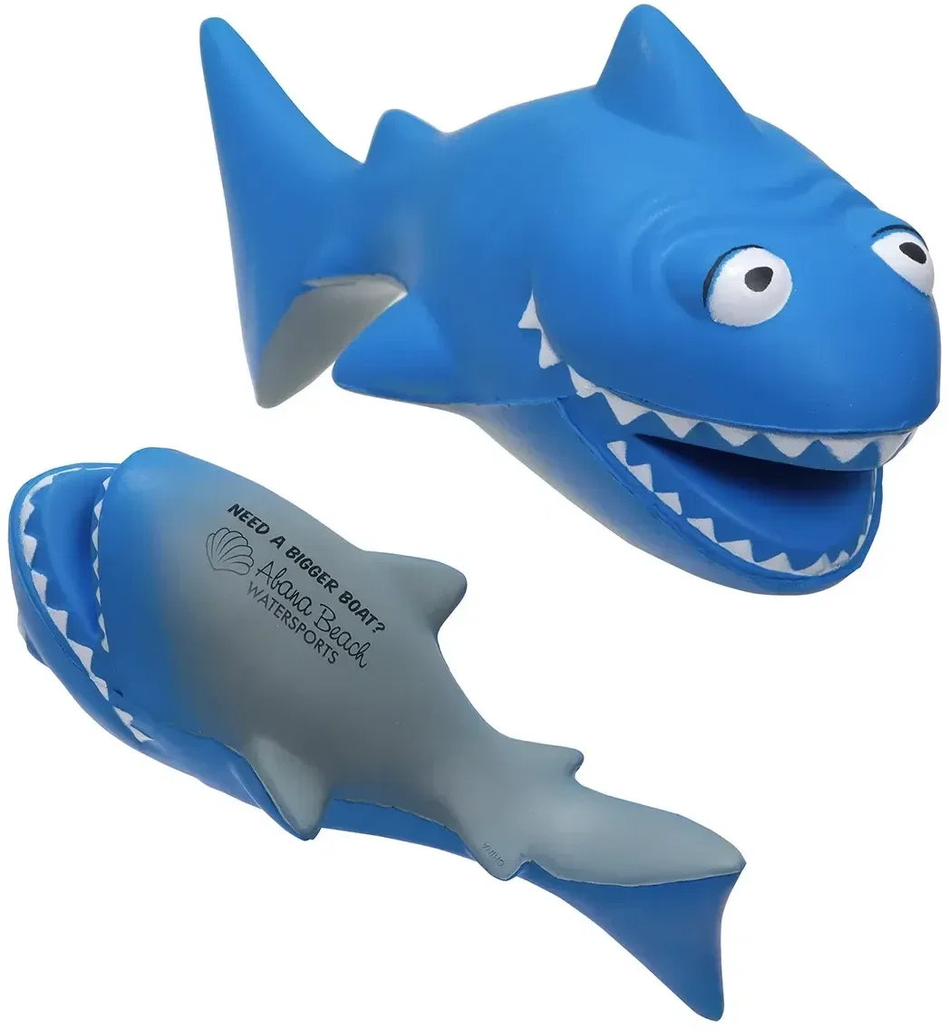 Custom cartoon shark-shaped promotional stress reliever squeeze toy for branded mascot giveaways