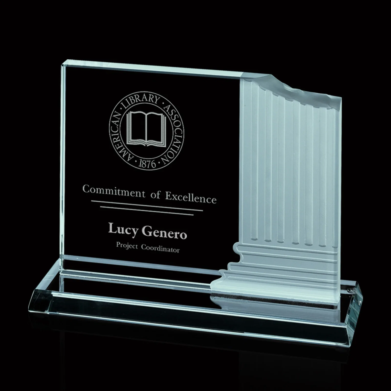 Custom Starfire Or Jade Glass Award With Carved Ionic Pillars for retirement presentations