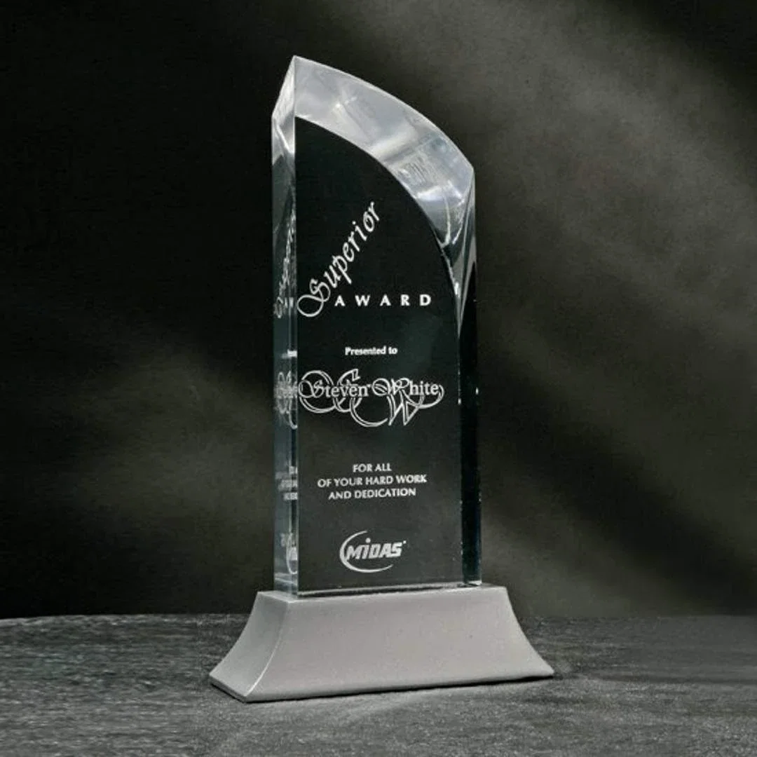 Custom Acrylic Tower Award on Satin Silver Stonecast Base, marble for employee recognition