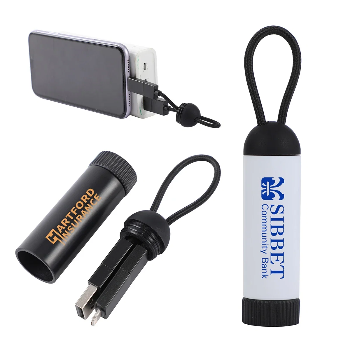 Custom Cask Portable Charging Cable, front view of the branded charging cable with spinner