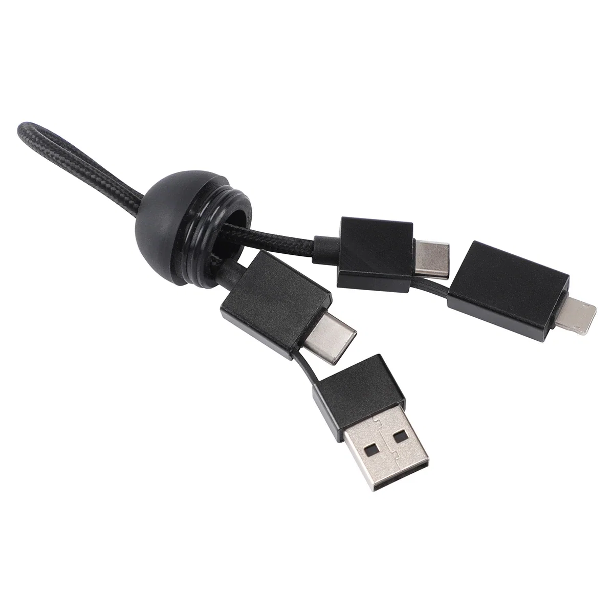 Close-up of the Cask Portable Charging Cable's spinner detail and logo imprint area