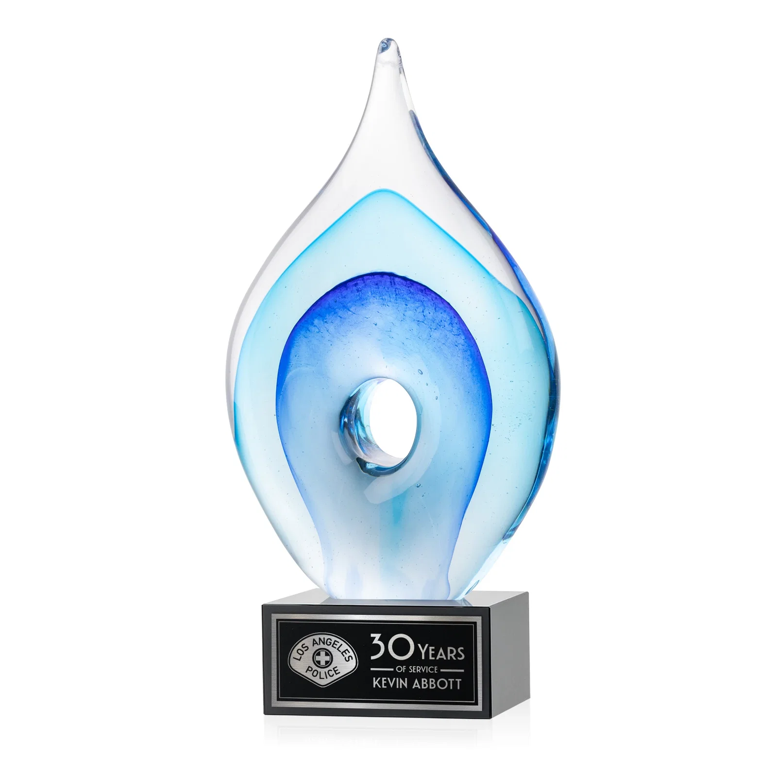 Custom Blue Glass Teardrop Award With Open-Center Design for volunteer appreciation
