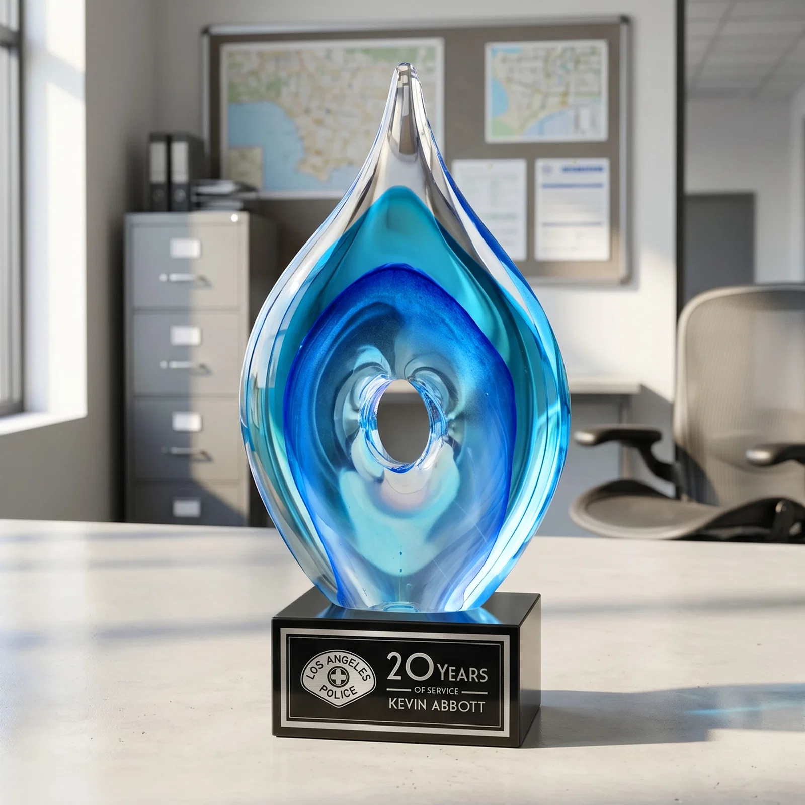 Custom Blue Glass Teardrop Award With Open-Center Design for dealer and partner awards