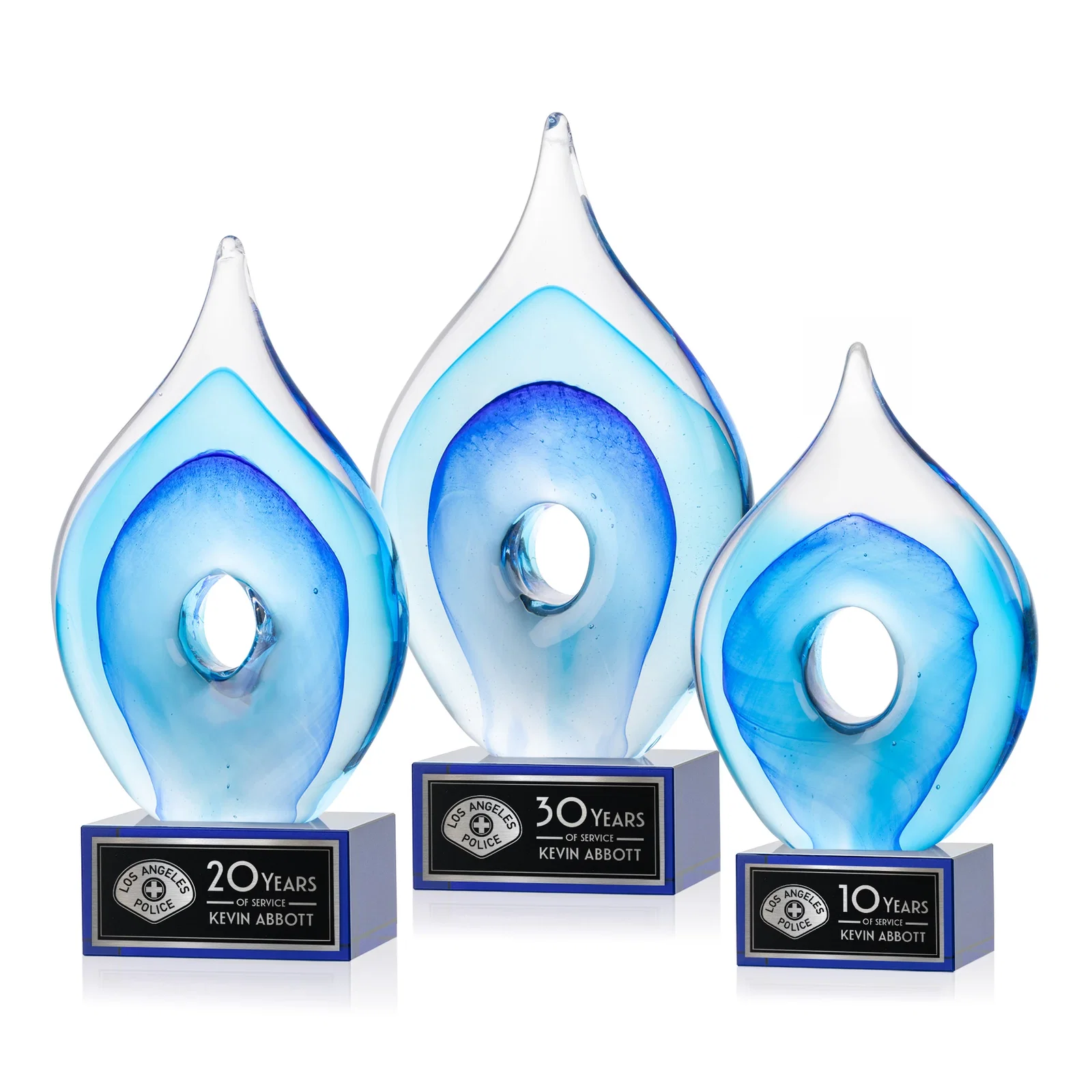 Custom Blue Glass Teardrop Award With Open-Center Design for company anniversary events