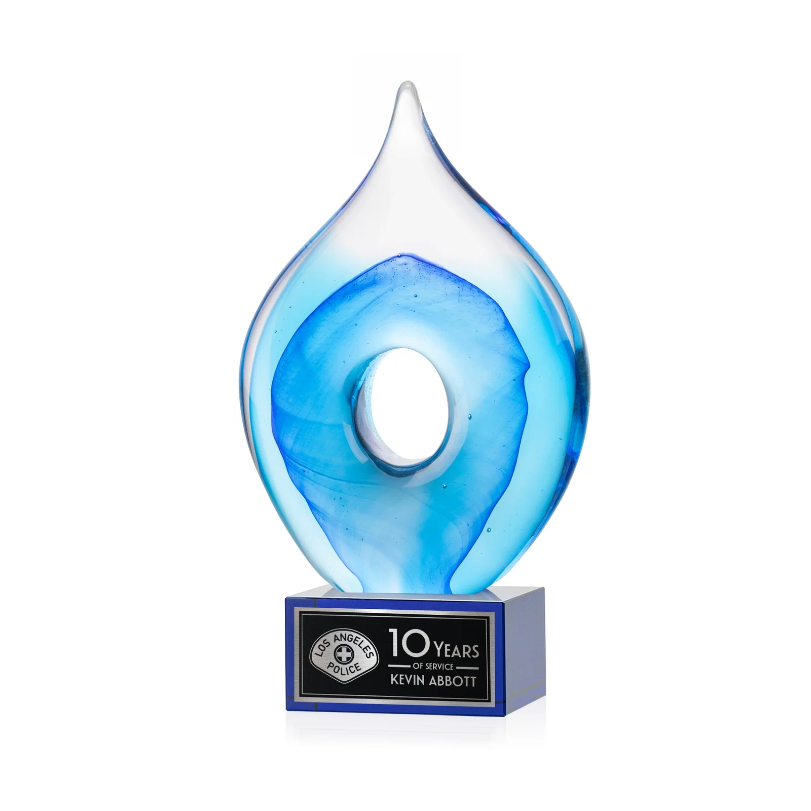 Personalized Blue Glass Teardrop Award With Open-Center Design for employee recognition
