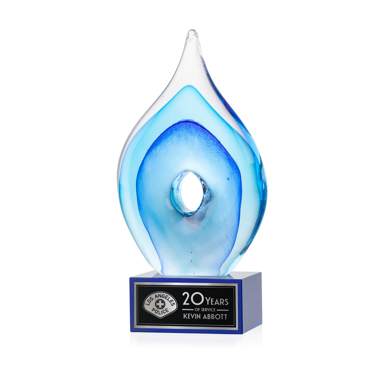 Personalized Blue Glass Teardrop Award With Open-Center Design for corporate award ceremonies