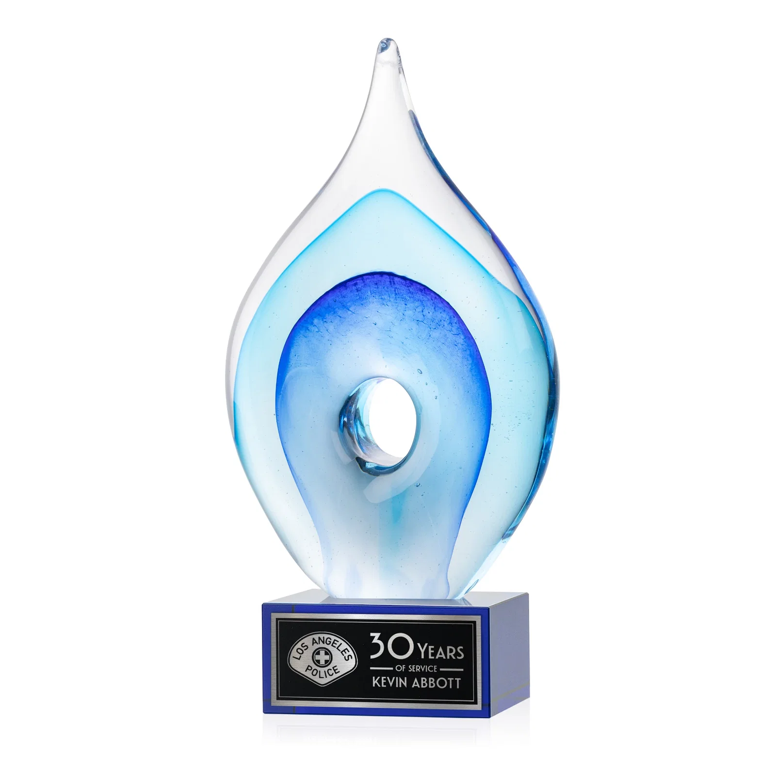 Personalized Blue Glass Teardrop Award With Open-Center Design for service anniversary gifts