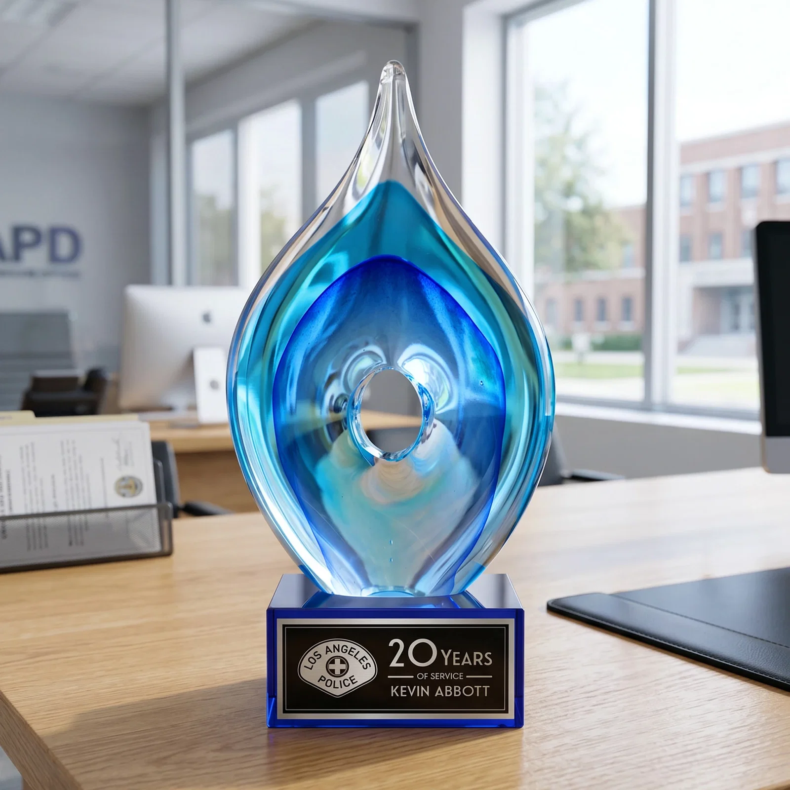 Personalized Blue Glass Teardrop Award With Open-Center Design for sales achievement awards
