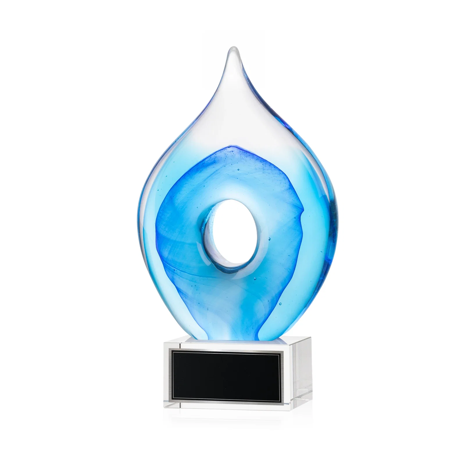 Personalized Blue Glass Teardrop Award With Open-Center Design for retirement presentations