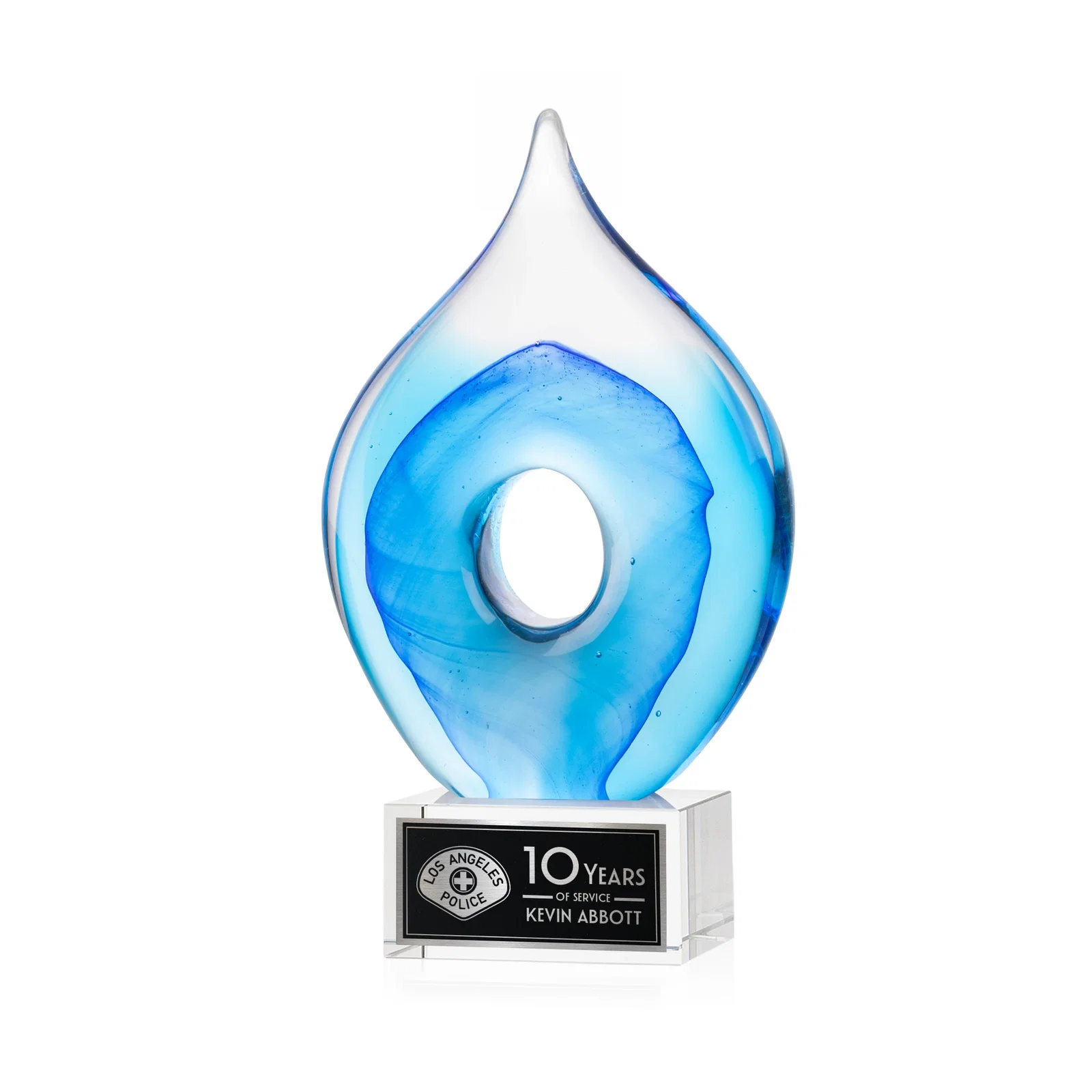 Custom Blue Glass Teardrop Award With Open-Center Design for corporate award ceremonies