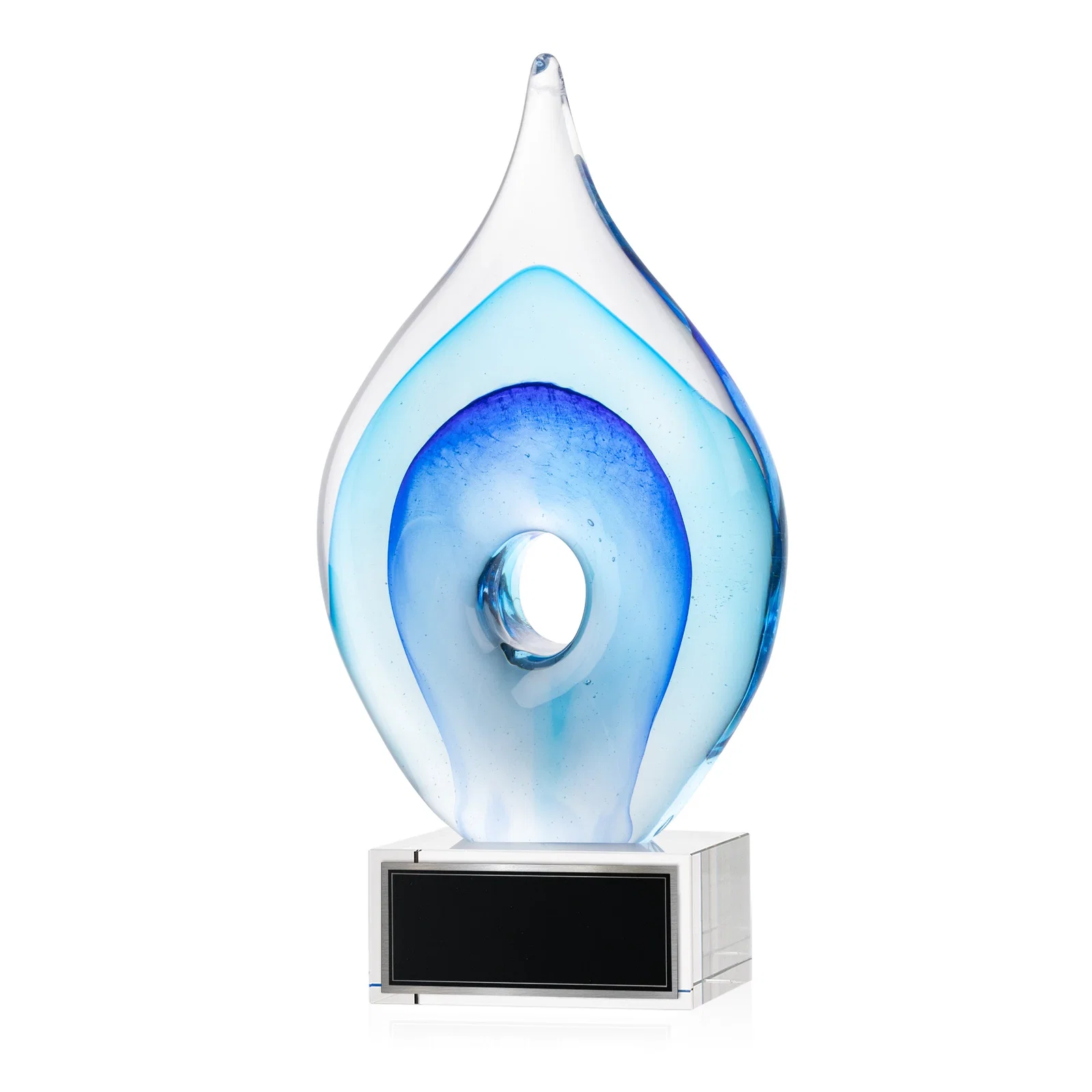 Personalized Blue Glass Teardrop Award With Open-Center Design for donor appreciation