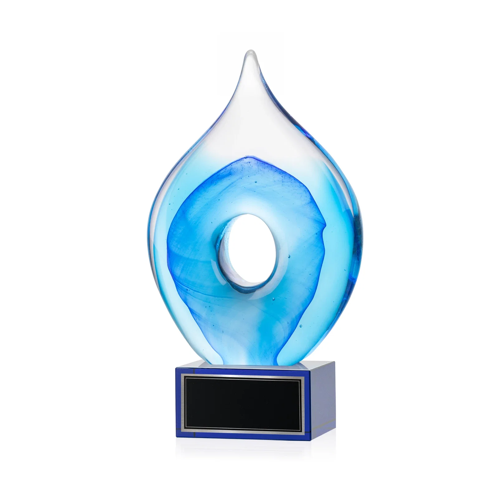 Personalized Blue Glass Teardrop Award With Open-Center Design for dealer and partner awards