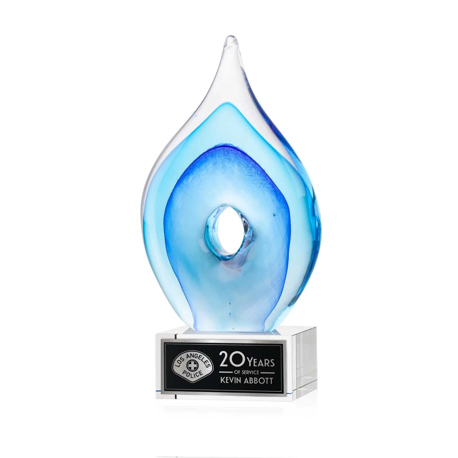 Custom Blue Glass Teardrop Award With Open-Center Design for service anniversary gifts
