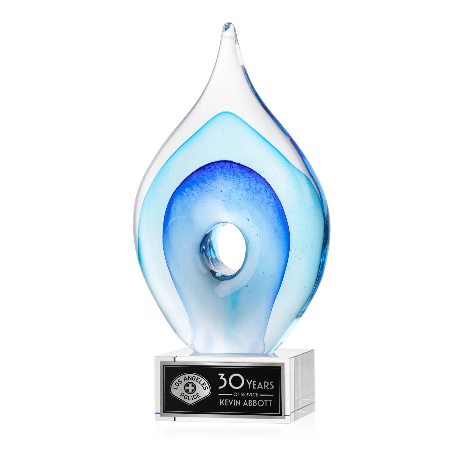 Custom Blue Glass Teardrop Award With Open-Center Design for sales achievement awards