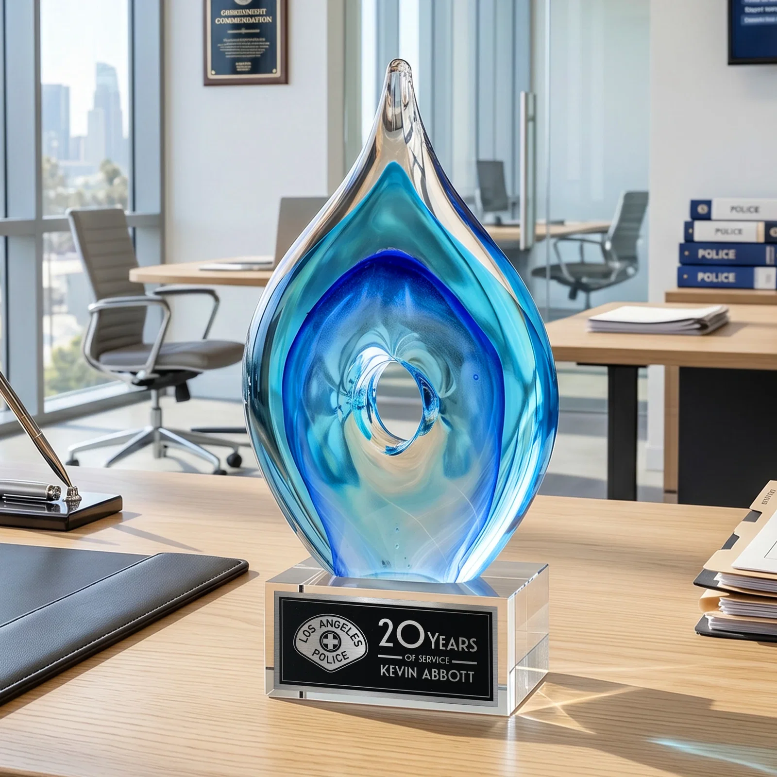 Custom Blue Glass Teardrop Award With Open-Center Design for team milestone celebrations