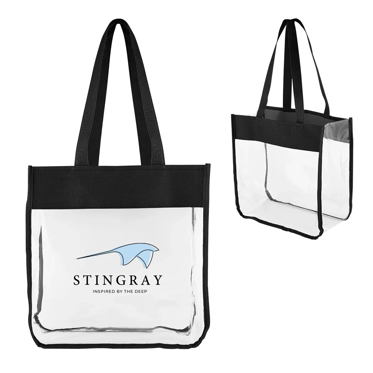 Shoulder straps stitched to the top edge of a transparent tote