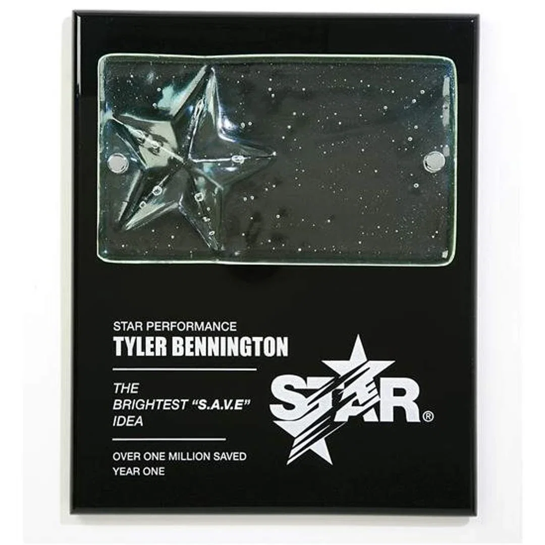 Cast Glass Star Plaque on Wood with Silver Risers — view 2