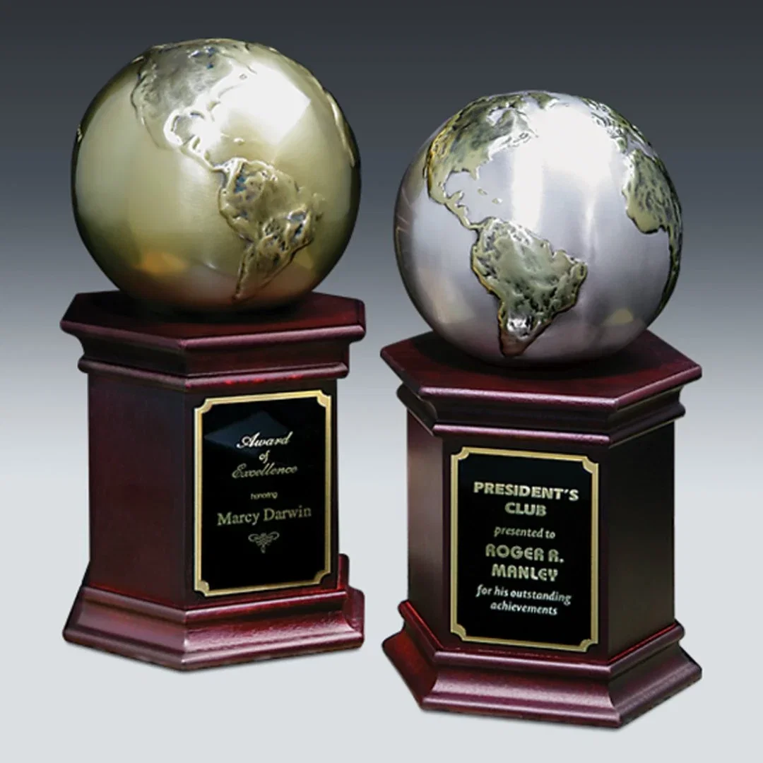 Custom Cast Metal Globe Award With Incised Longitude Detail for employee recognition