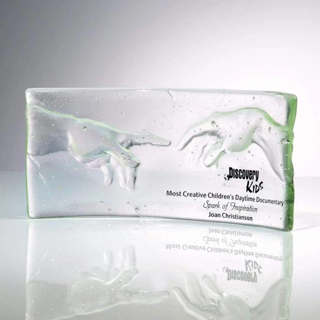Custom Cast and Slumped Glass Curve Award, Self-Supporting for employee recognition