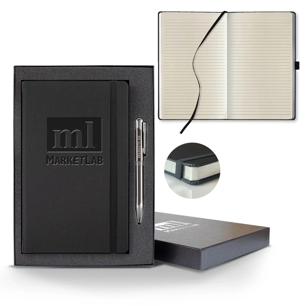 Castelli All Metal Medio Lined Ivory Page Journal Gift Set — Jacket Color: Black & Silver,Pen Color: Gun Metal — view 2