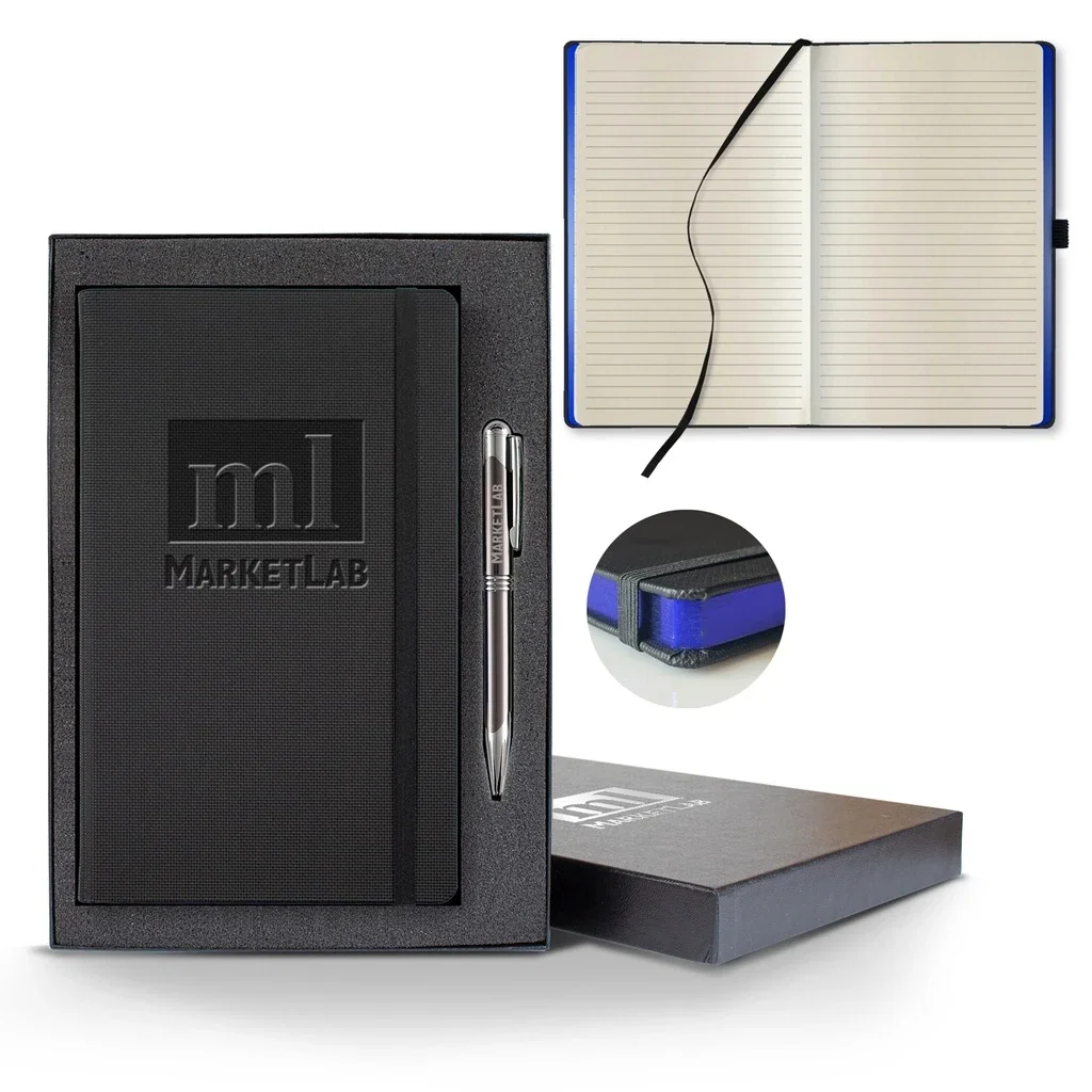 Castelli All Metal Medio Lined Ivory Page Journal Gift Set — Jacket Color: Black & Blue,Pen Color: Gun Metal — view 4
