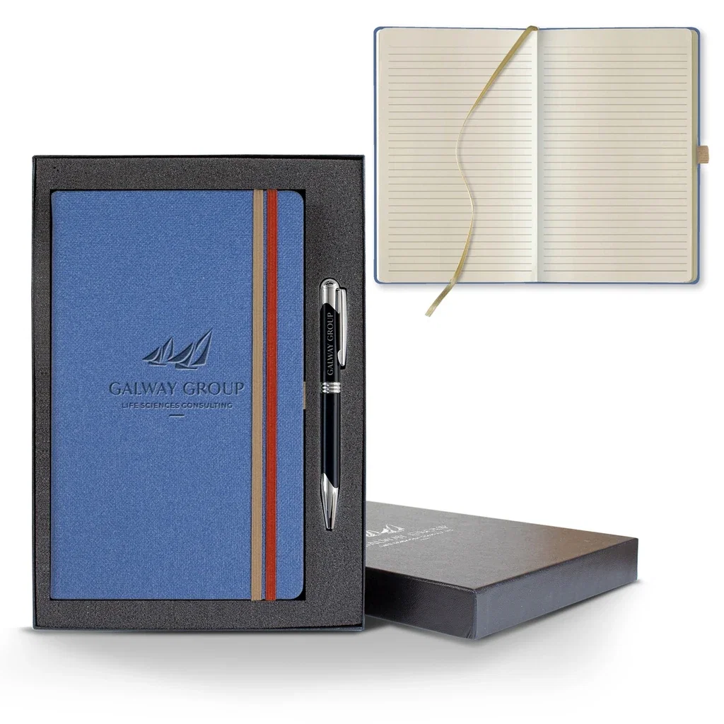 Castelli Bi Band Medio Lined Ivory Page Journal Gift Set — Jacket Color: Blue,Pen Color: Black Pen