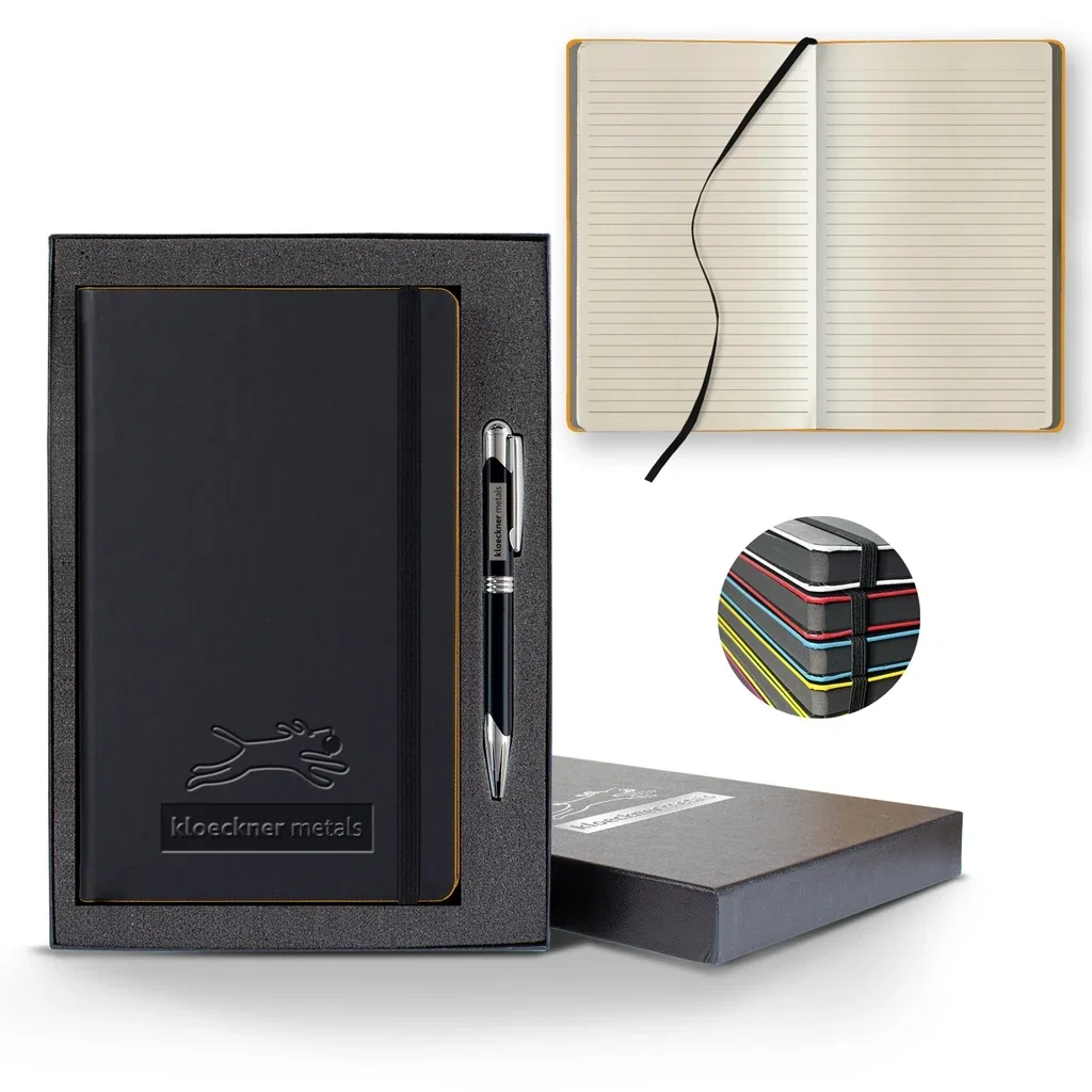 Castelli Black Laser Medio Lined Ivory Page Journal Gift Set — Jacket Color: Black/LightOrange,Pen Color: Black Pen