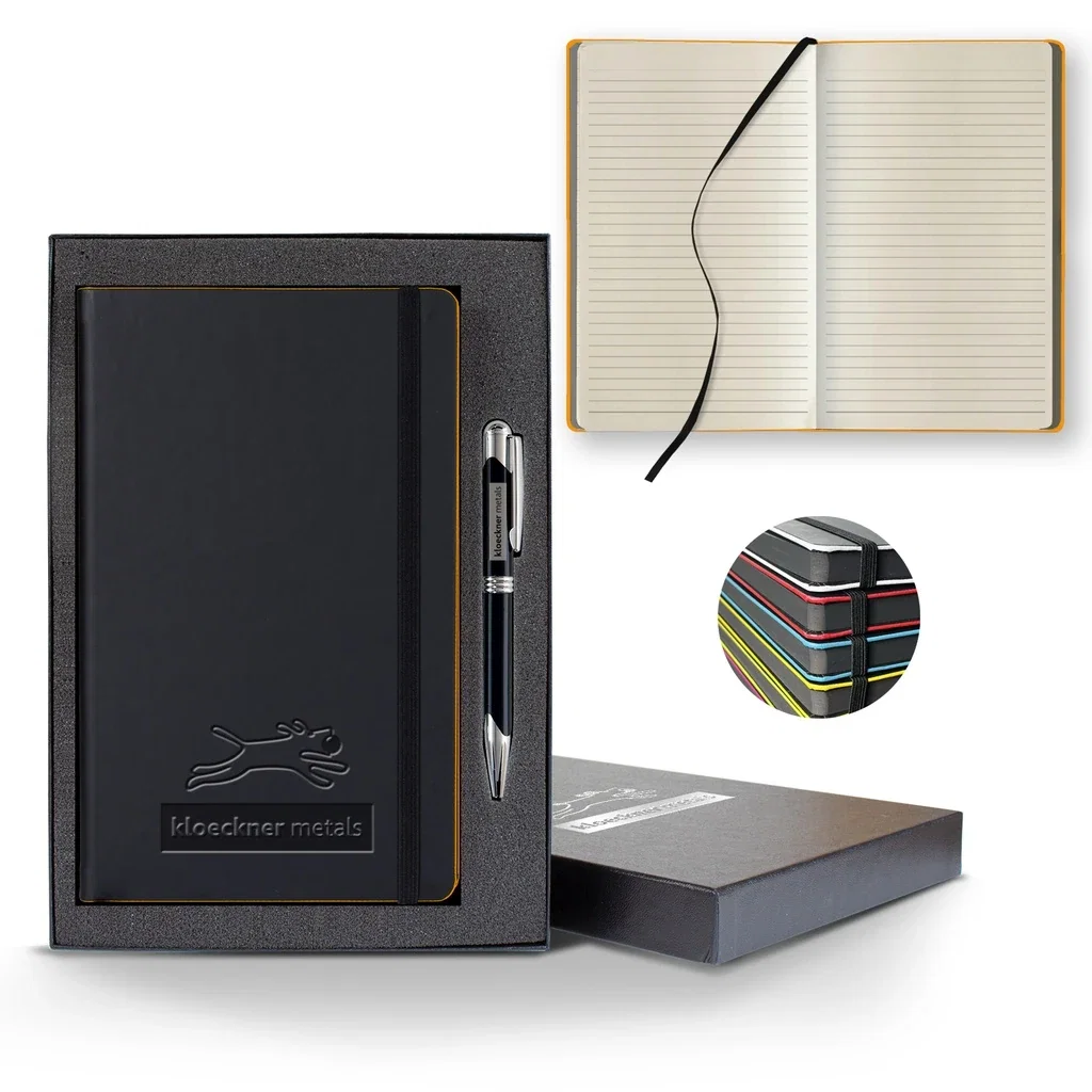 Castelli Black Laser Medio Lined Ivory Page Journal Gift Set — Jacket Color: Black/Orange,Pen Color: Black Pen — view 3
