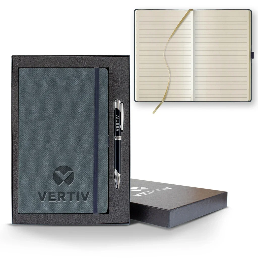 Castelli Montana Medio Lined Ivory Page Journal Gift Set — Jacket Color: Blue,Pen Color: Black Pen