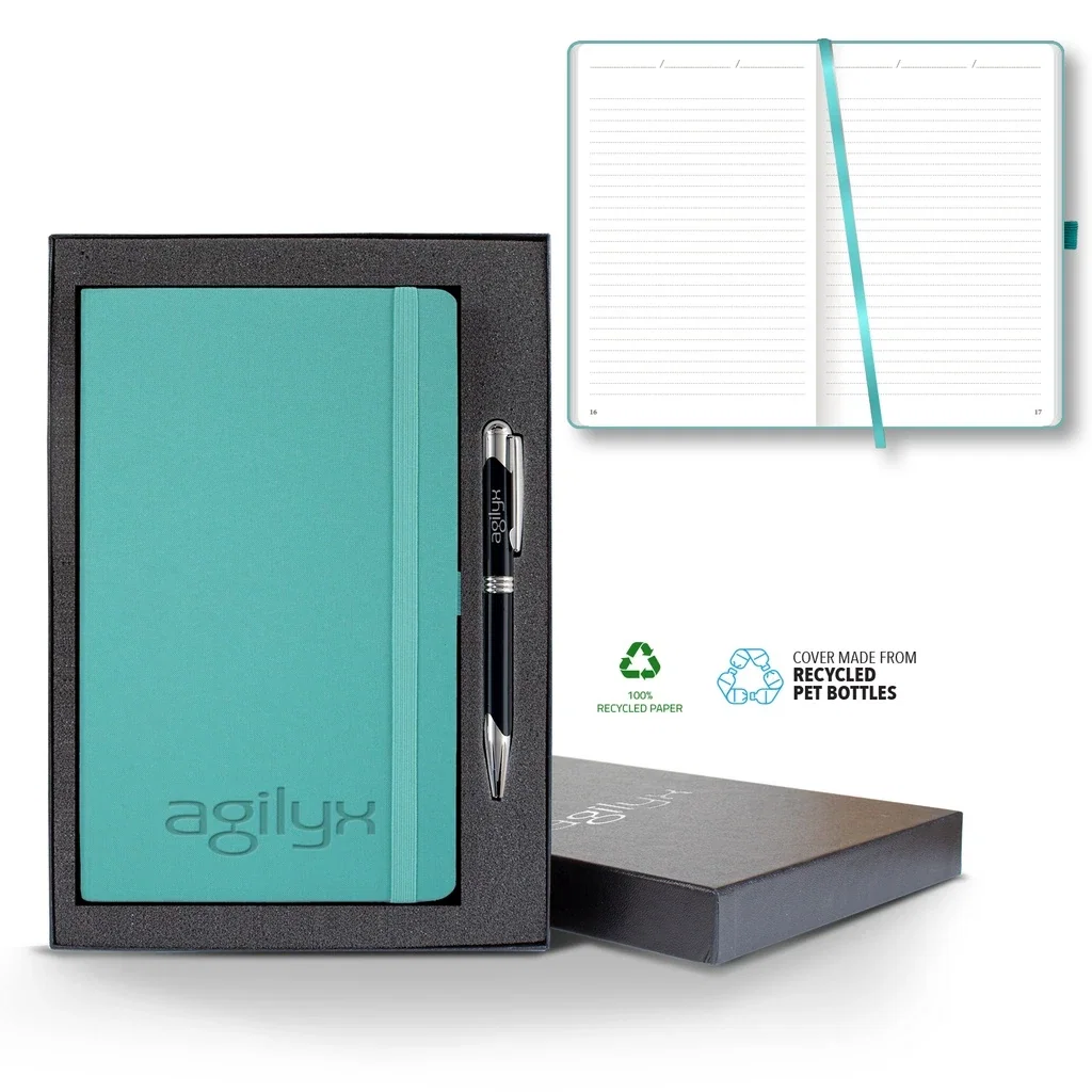 Castelli Oceano ECO rPET Medio Lined Recycled White Page Journal Gift Set — Jacket Color: Aqua,Pen Color: Black Pen