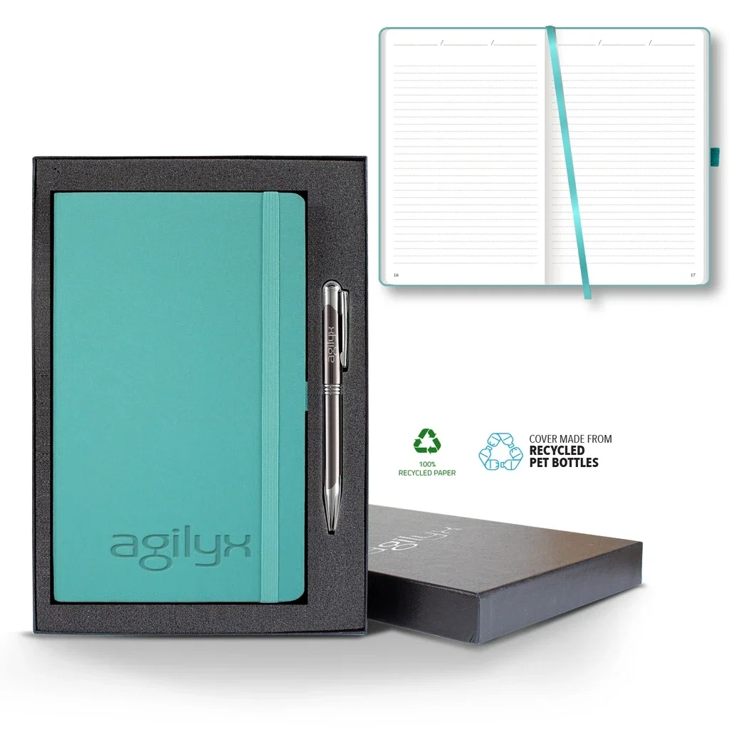 Castelli Oceano ECO rPET Medio Lined Recycled White Page Journal Gift Set — Jacket Color: Aqua,Pen Color: Gun Metal — view 2