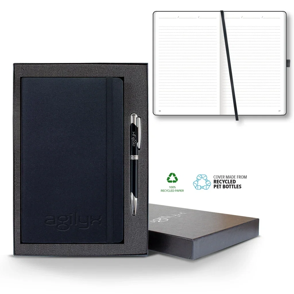 Castelli Oceano ECO rPET Medio Lined Recycled White Page Journal Gift Set — Jacket Color: Black,Pen Color: Black Pen — view 3