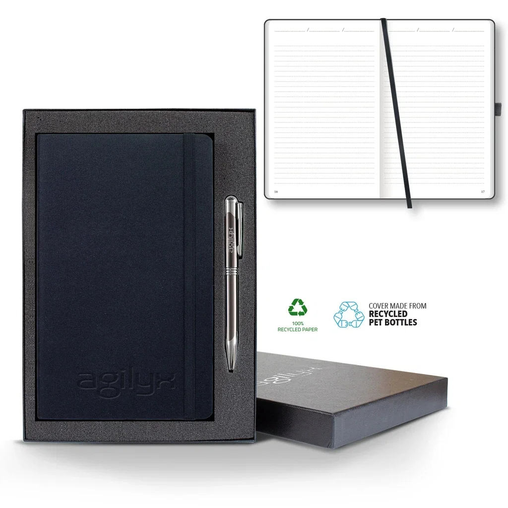 Castelli Oceano ECO rPET Medio Lined Recycled White Page Journal Gift Set — Jacket Color: Black,Pen Color: Gun Metal — view 4