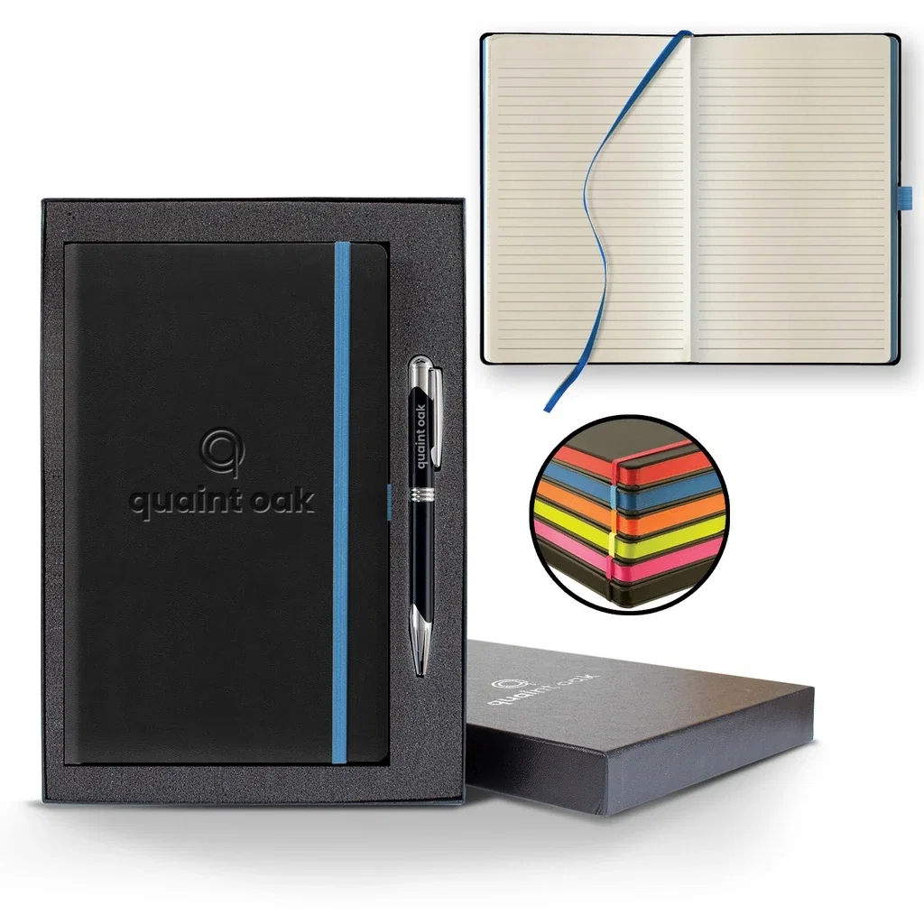 Castelli Tucson Edge Medio Lined Ivory Page Journal Gift Set — Jacket Color: Blue Edge,Pen Color: Black Pen — view 3