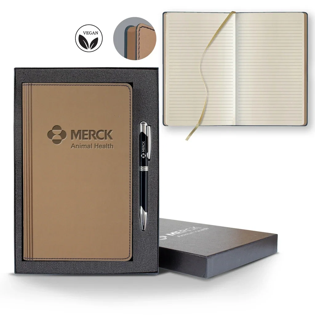 Castelli Vegan ECO Medio Lined Ivory Page Journal Gift Set — Jacket Color: Beige,Pen Color: Black Pen