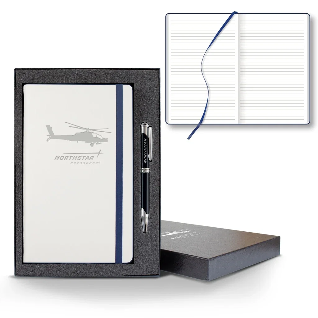 Castelli White Laser Medio Lined White Page Journal Gift Set — Jacket Color: White/Navy,Pen Color: Black Pen