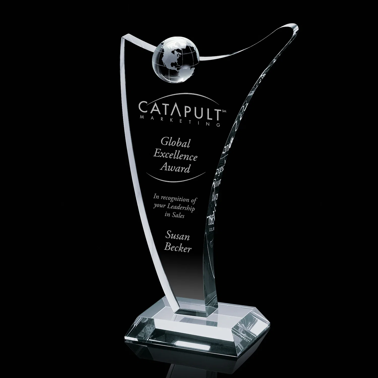 Custom Optical Crystal Column Award with Crystal Globe Top for corporate award ceremonies