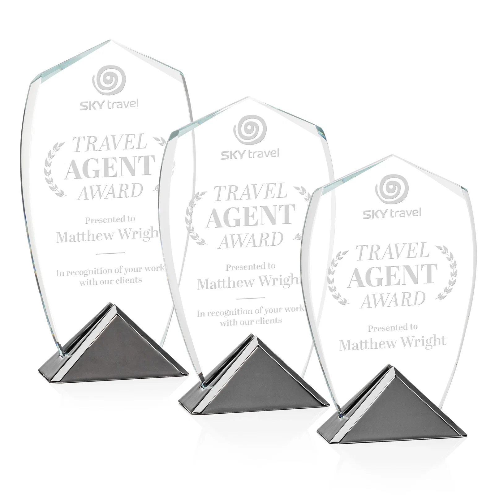 Custom Starfire Crystal Shield Award on Triangular Gunmetal Base for employee recognition