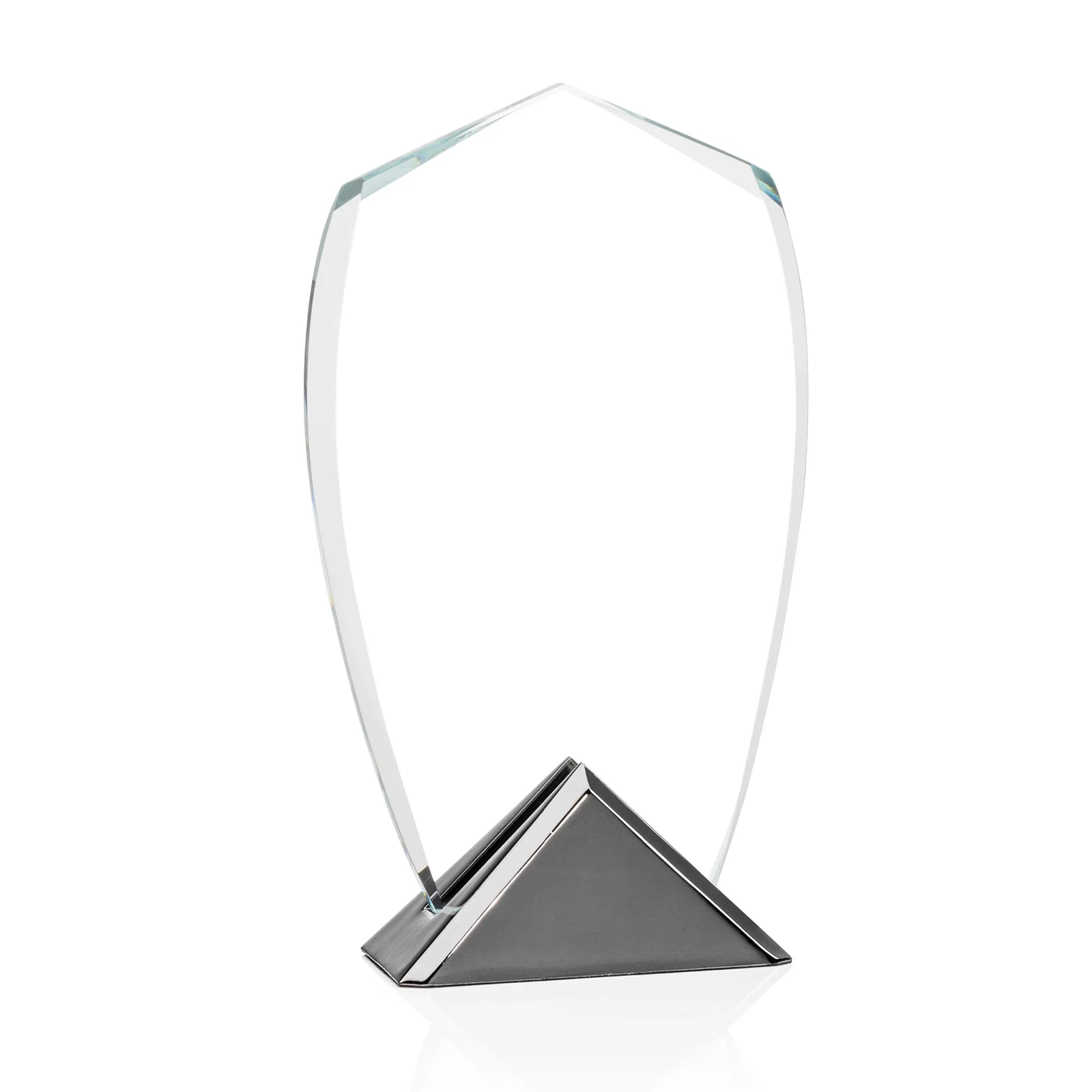 Custom Starfire Crystal Shield Award on Triangular Gunmetal Base for dealer and partner awards