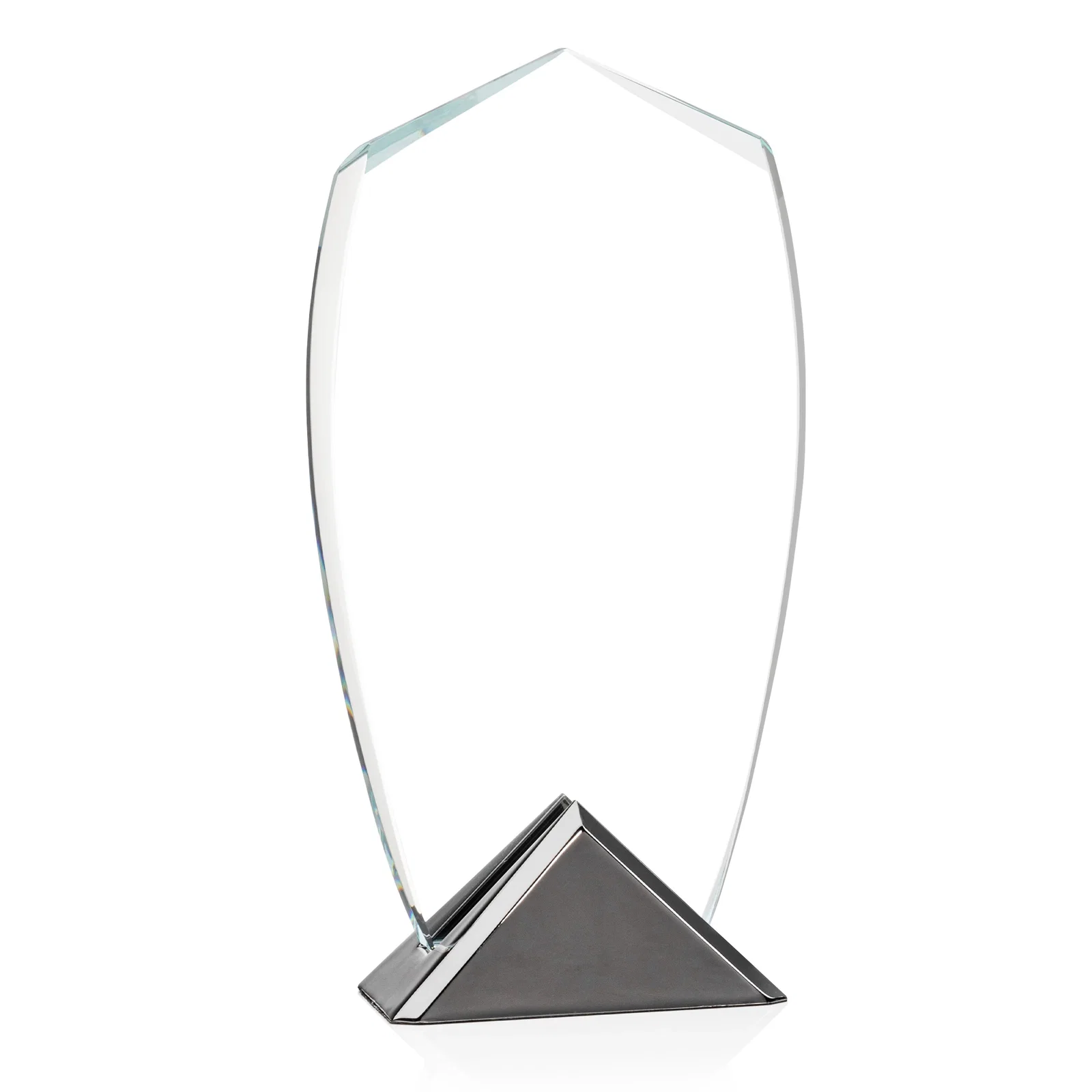 Custom Starfire Crystal Shield Award on Triangular Gunmetal Base for company anniversary events