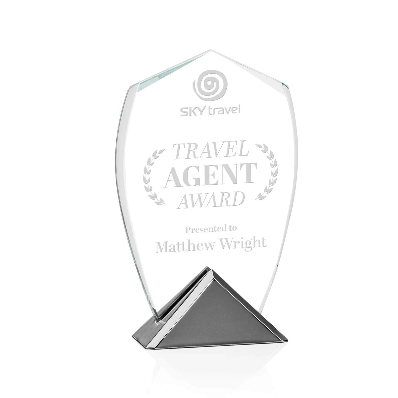 Custom Starfire Crystal Shield Award on Triangular Gunmetal Base for corporate award ceremonies