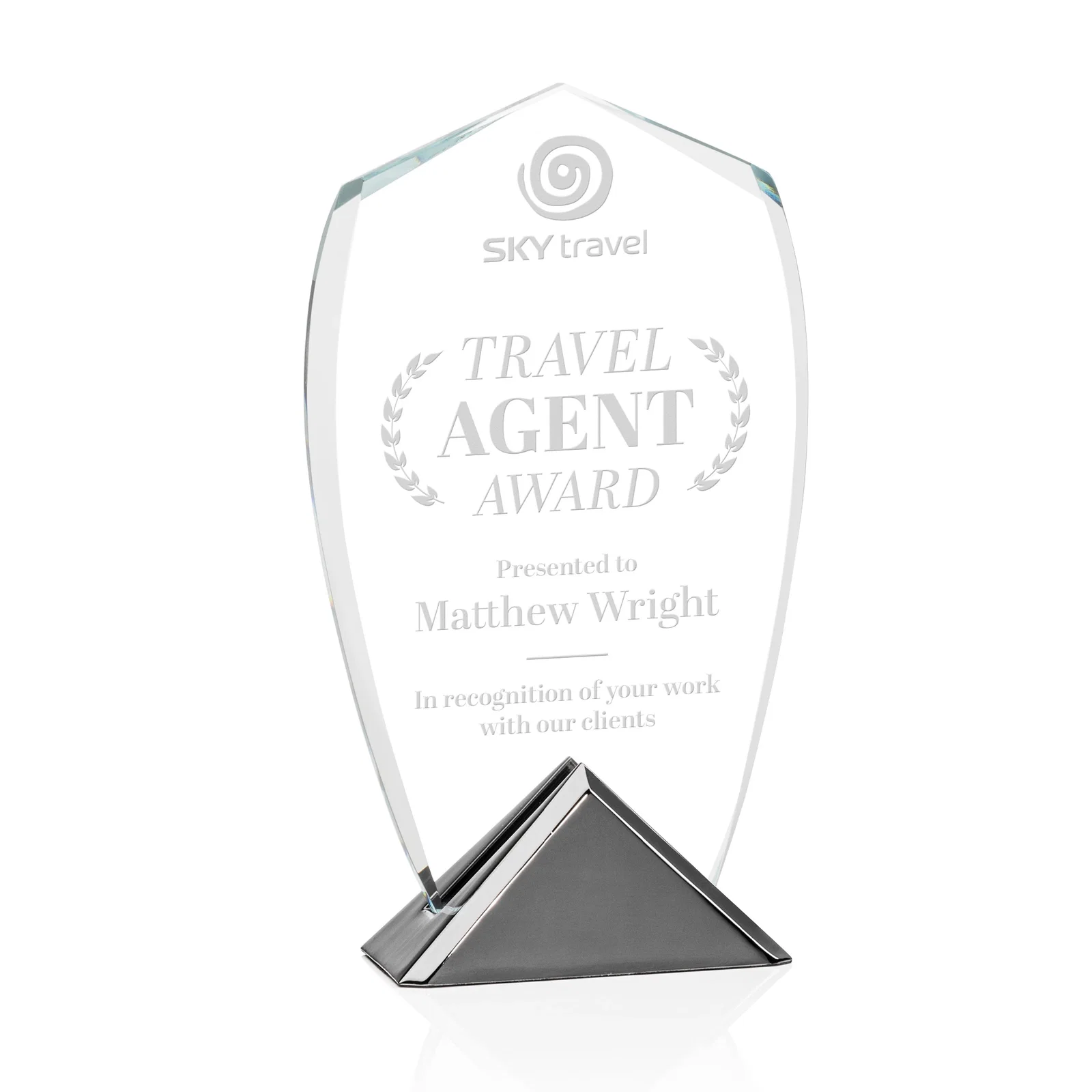 Custom Starfire Crystal Shield Award on Triangular Gunmetal Base for service anniversary gifts