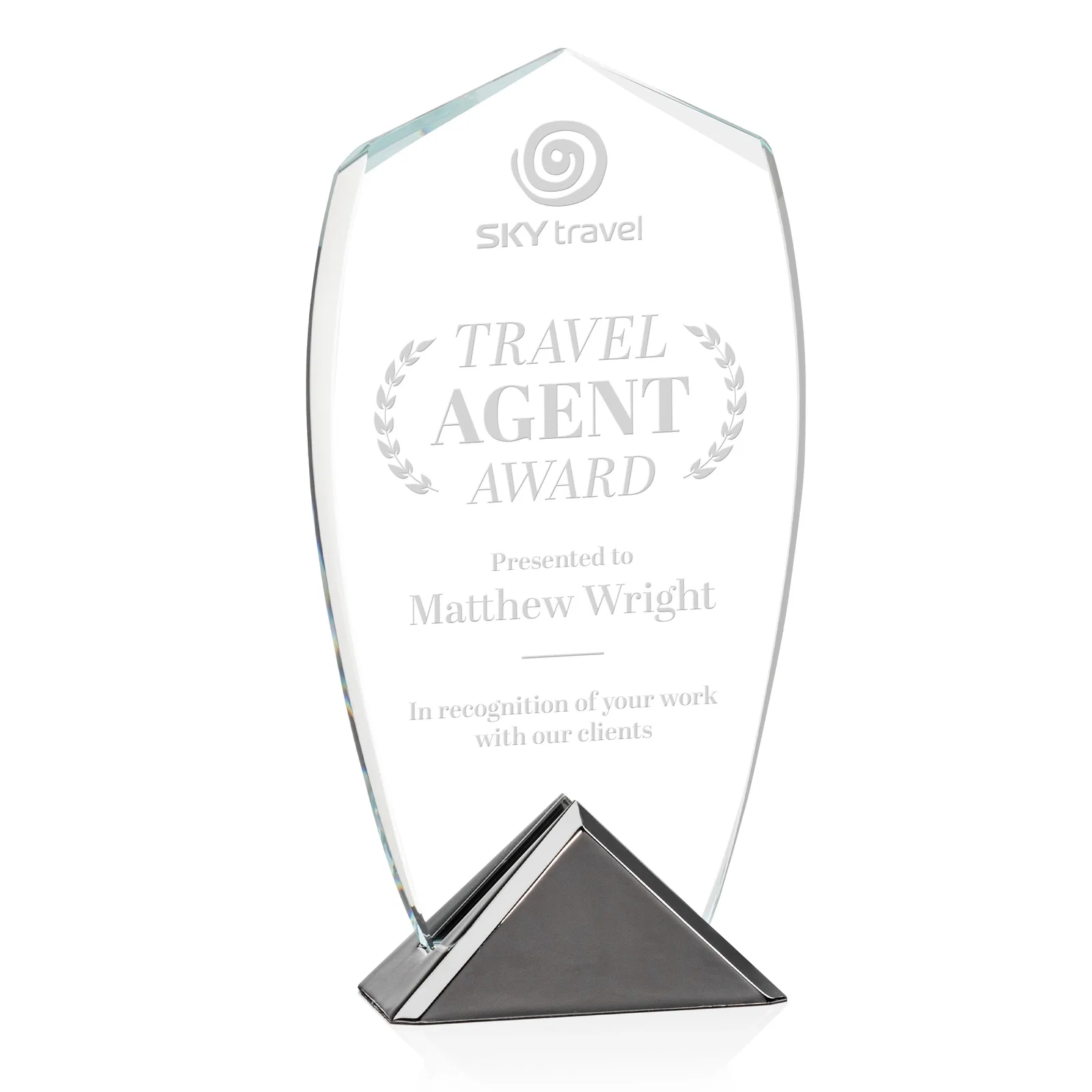 Custom Starfire Crystal Shield Award on Triangular Gunmetal Base for sales achievement awards