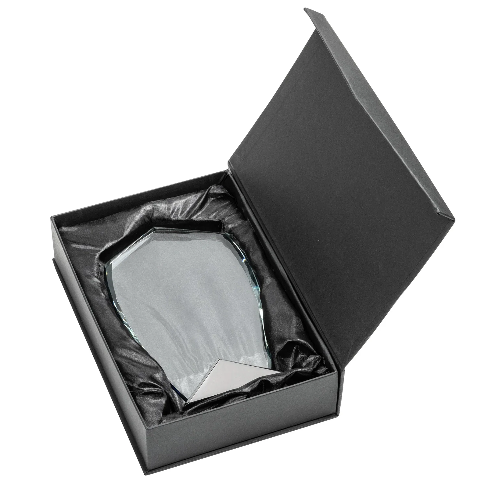 Custom Starfire Crystal Shield Award on Triangular Gunmetal Base for retirement presentations