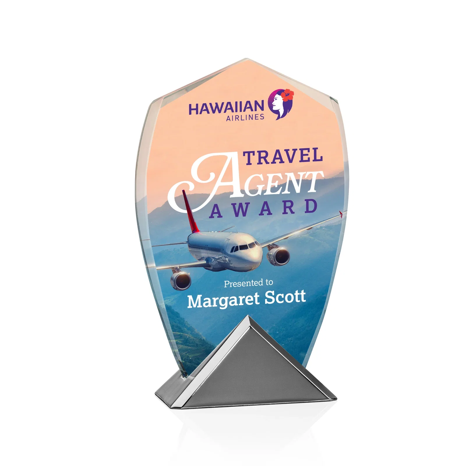 Custom Starfire Crystal Shield Award on Triangular Gunmetal Base for donor appreciation