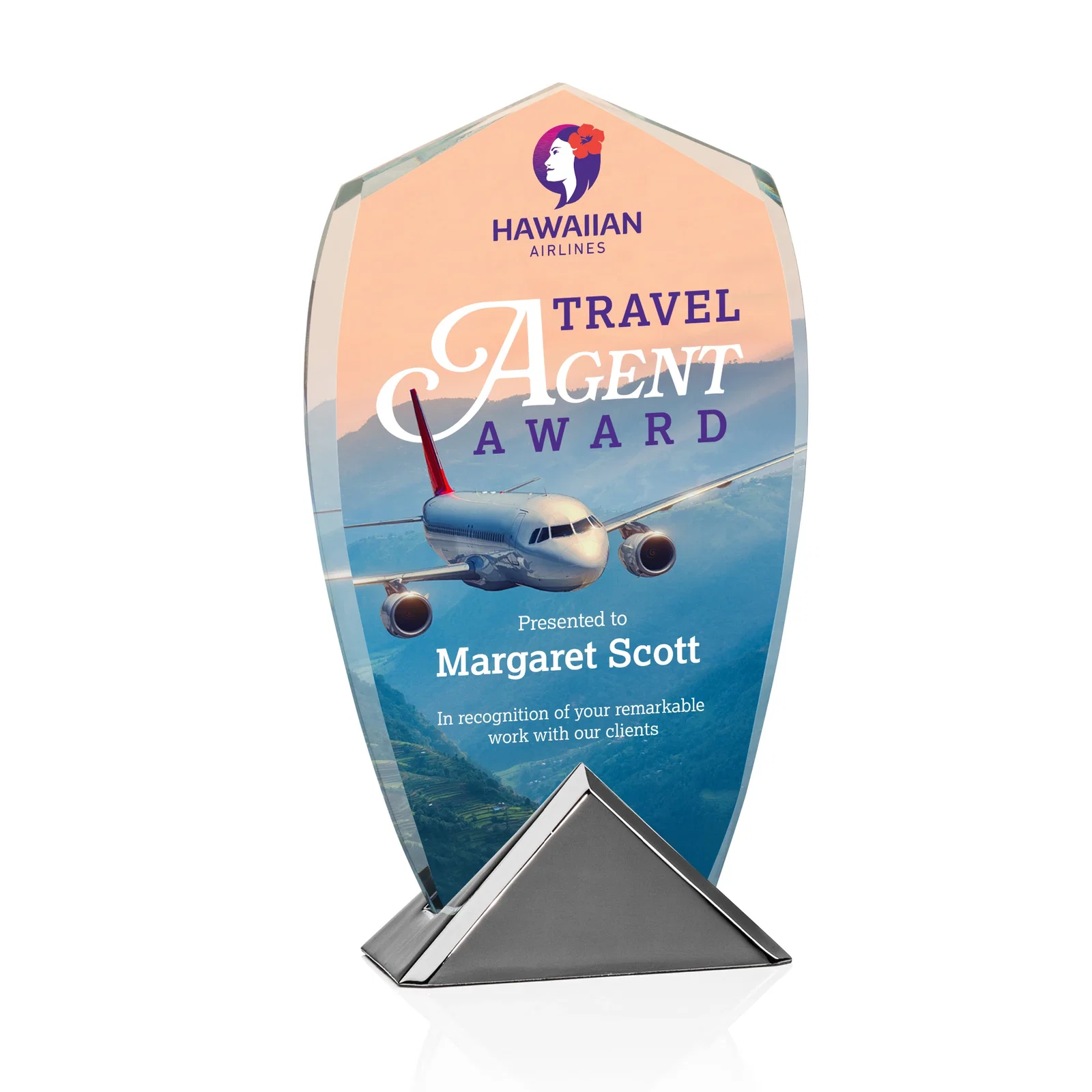 Custom Starfire Crystal Shield Award on Triangular Gunmetal Base for graduation ceremonies
