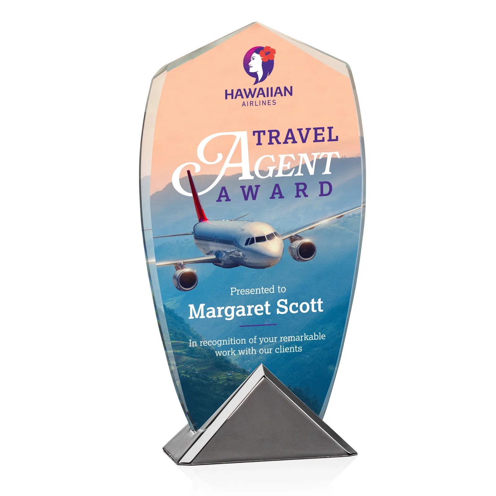 Custom Starfire Crystal Shield Award on Triangular Gunmetal Base for safety achievement programs