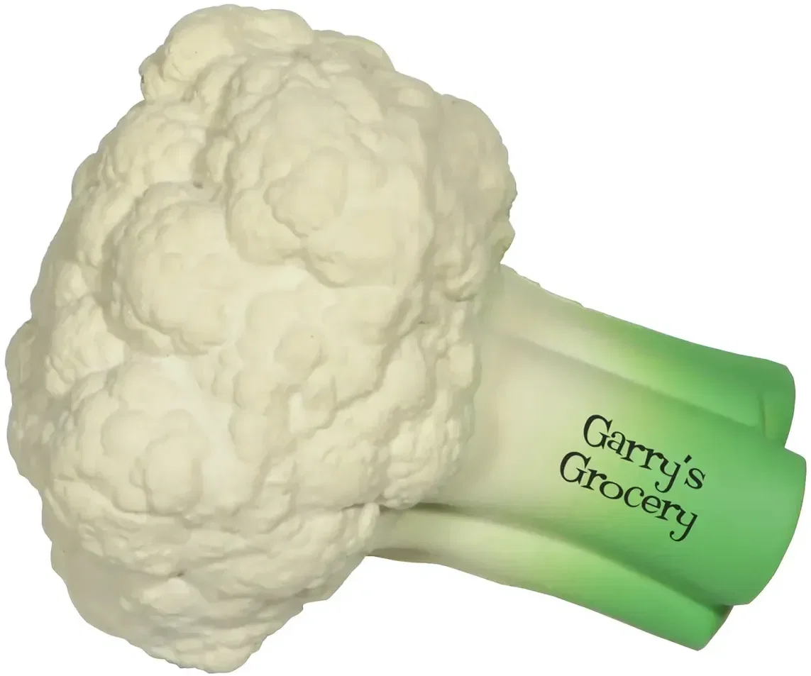 Cauliflower-shaped custom stress reliever squeeze toy with logo branding, front view